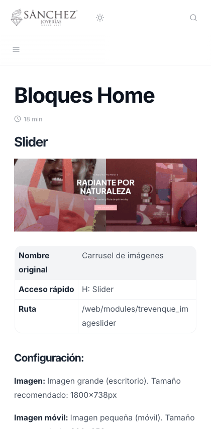 Sanchez Joyerias documentation portal mobile view