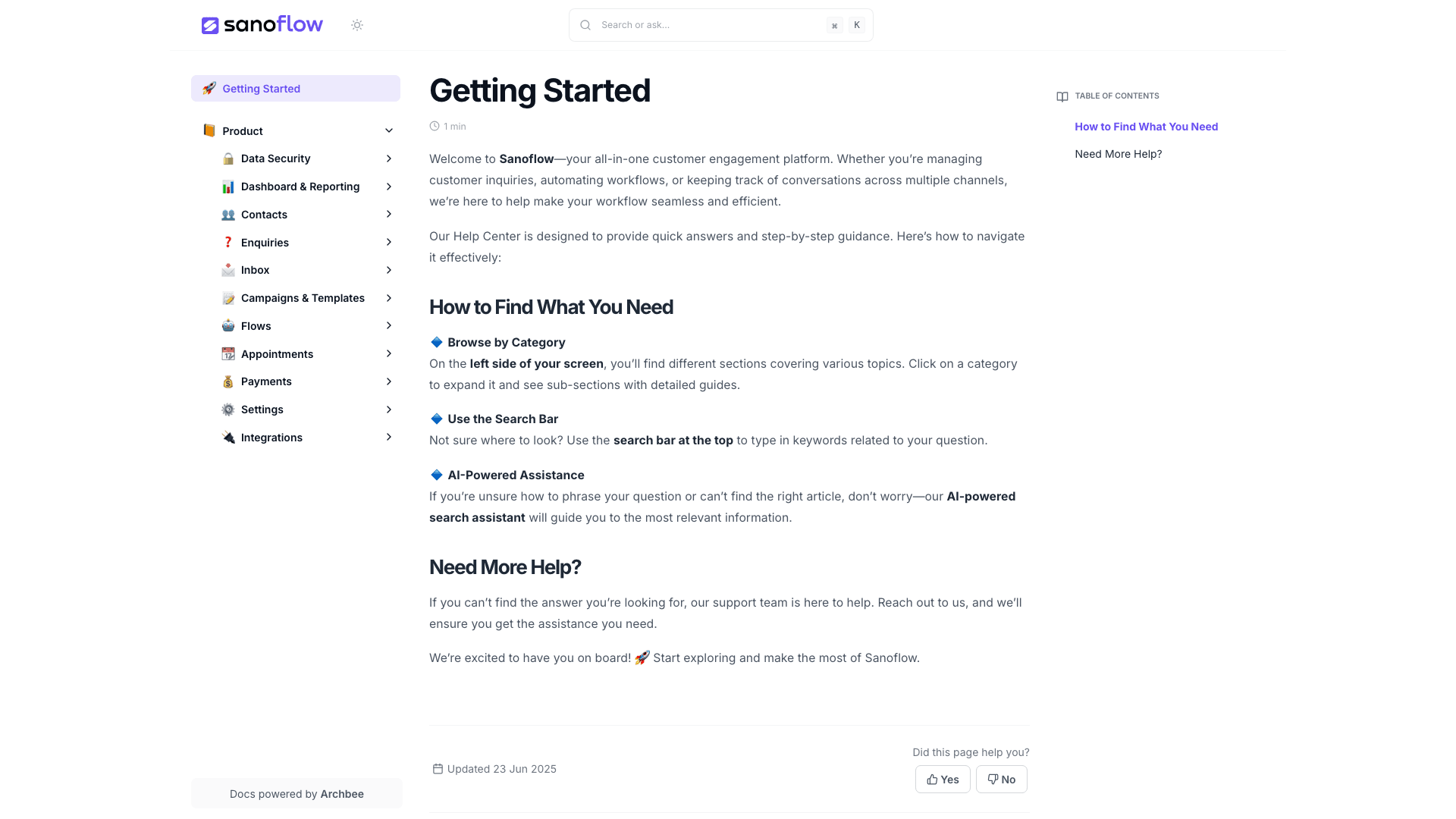 Sanoflow documentation portal desktop view