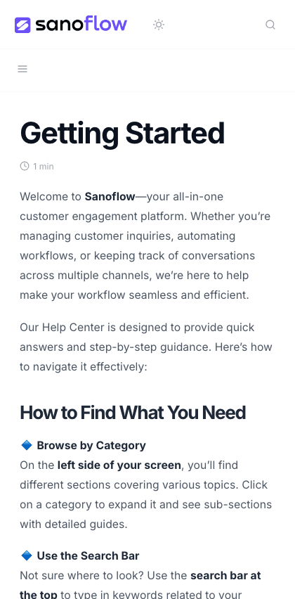 Sanoflow documentation portal mobile view