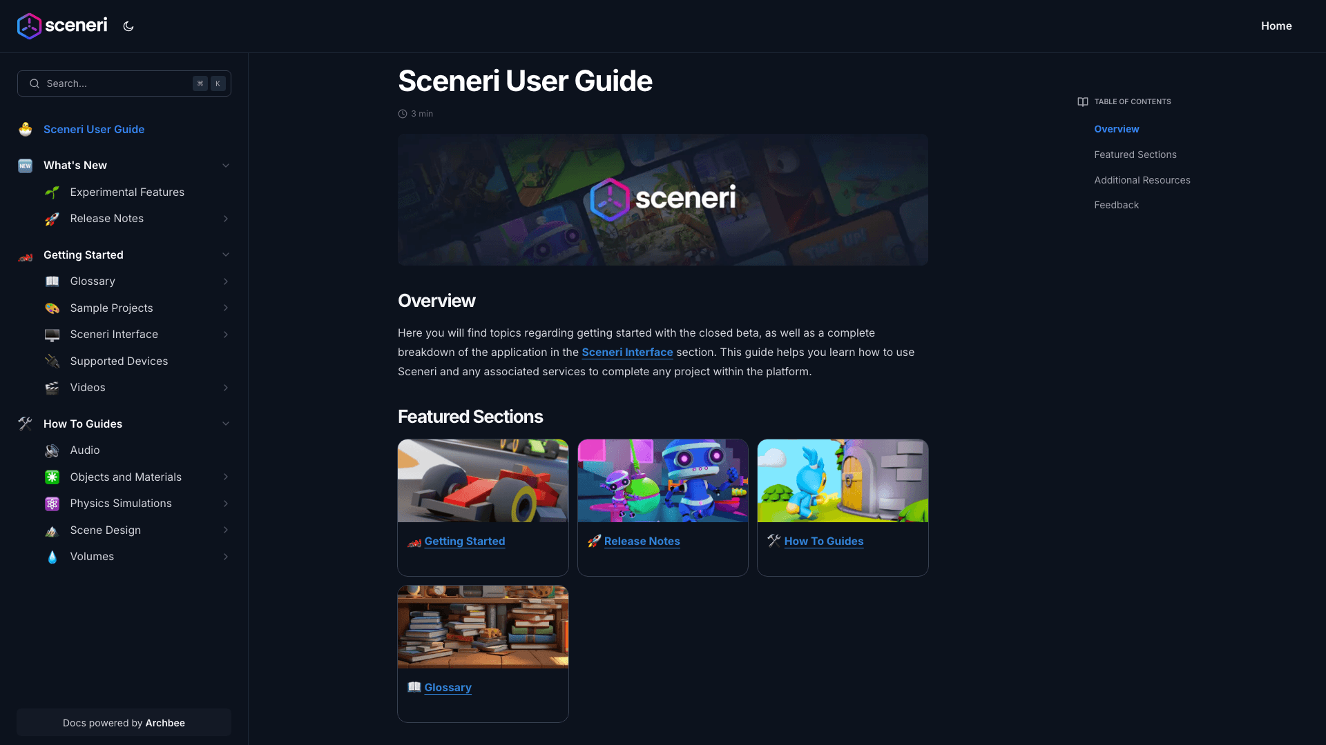 Sceneri documentation portal desktop view