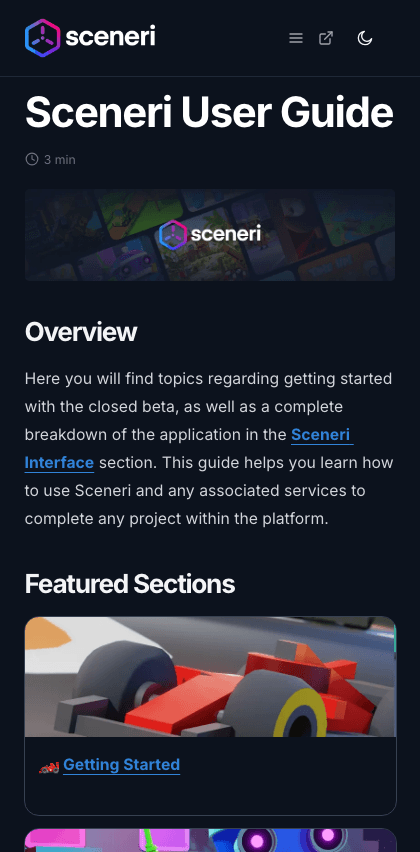 Sceneri documentation portal mobile view