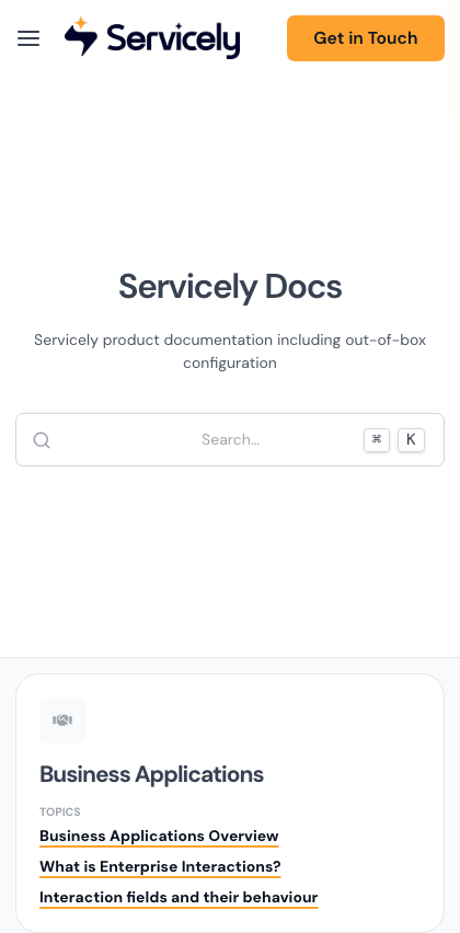 Servicely documentation portal mobile view