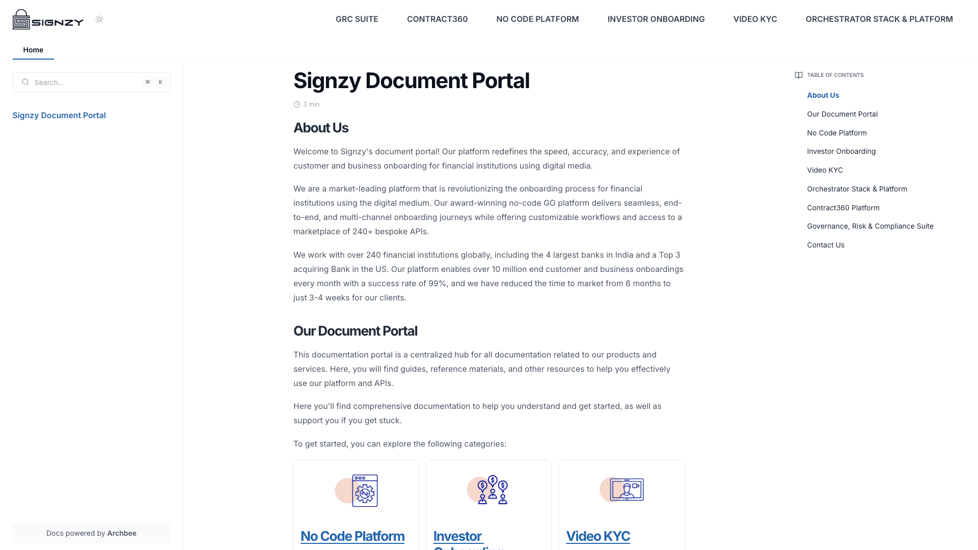 Signzy documentation portal desktop view