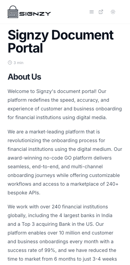 Signzy documentation portal mobile view