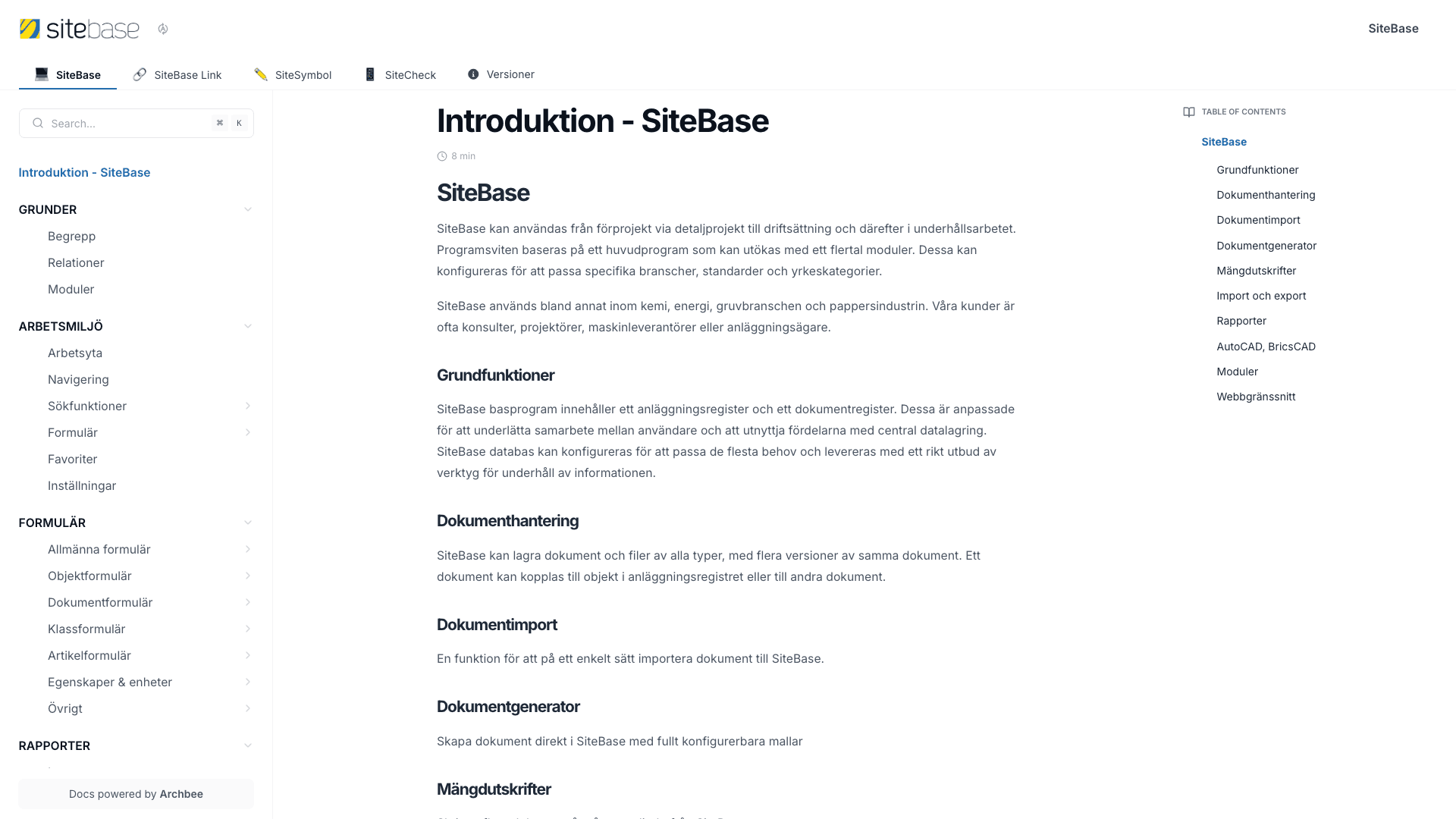 Sitebase documentation portal desktop view
