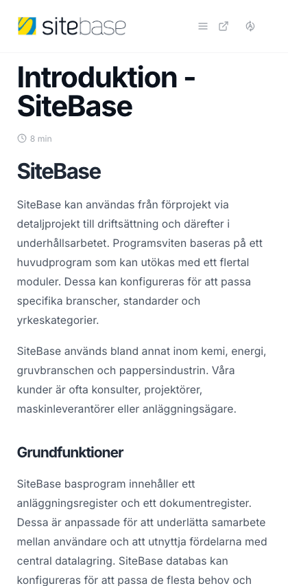 Sitebase documentation portal mobile view