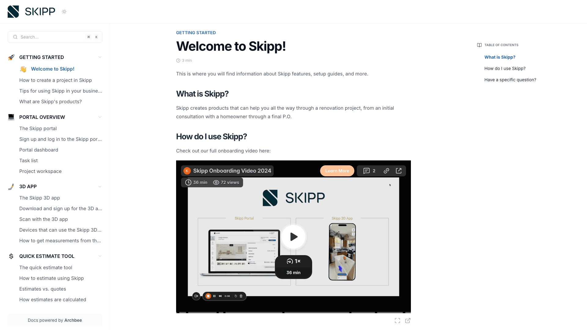 Skipp documentation portal desktop view