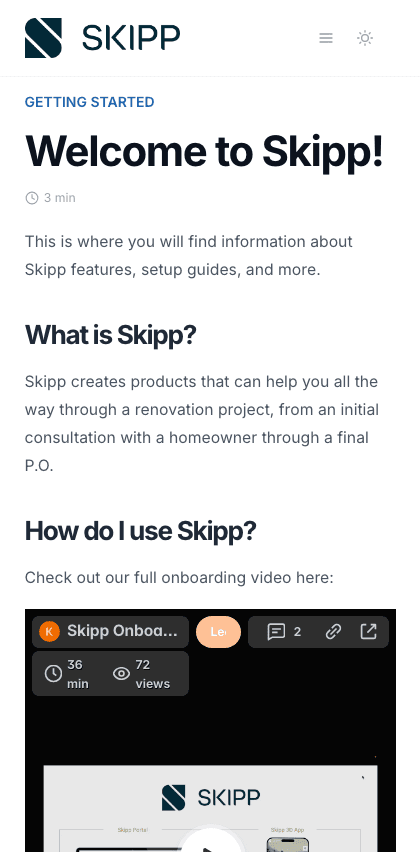 Skipp documentation portal mobile view