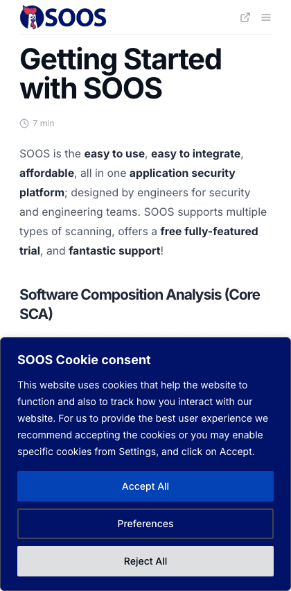 Soos documentation portal mobile view