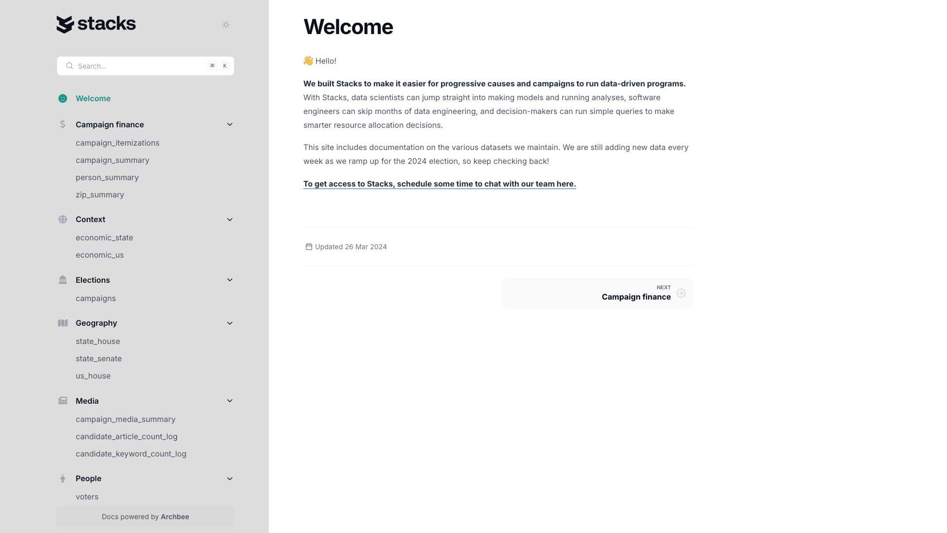 Stacks documentation portal desktop view