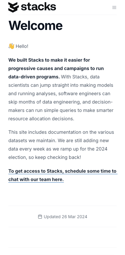Stacks documentation portal mobile view