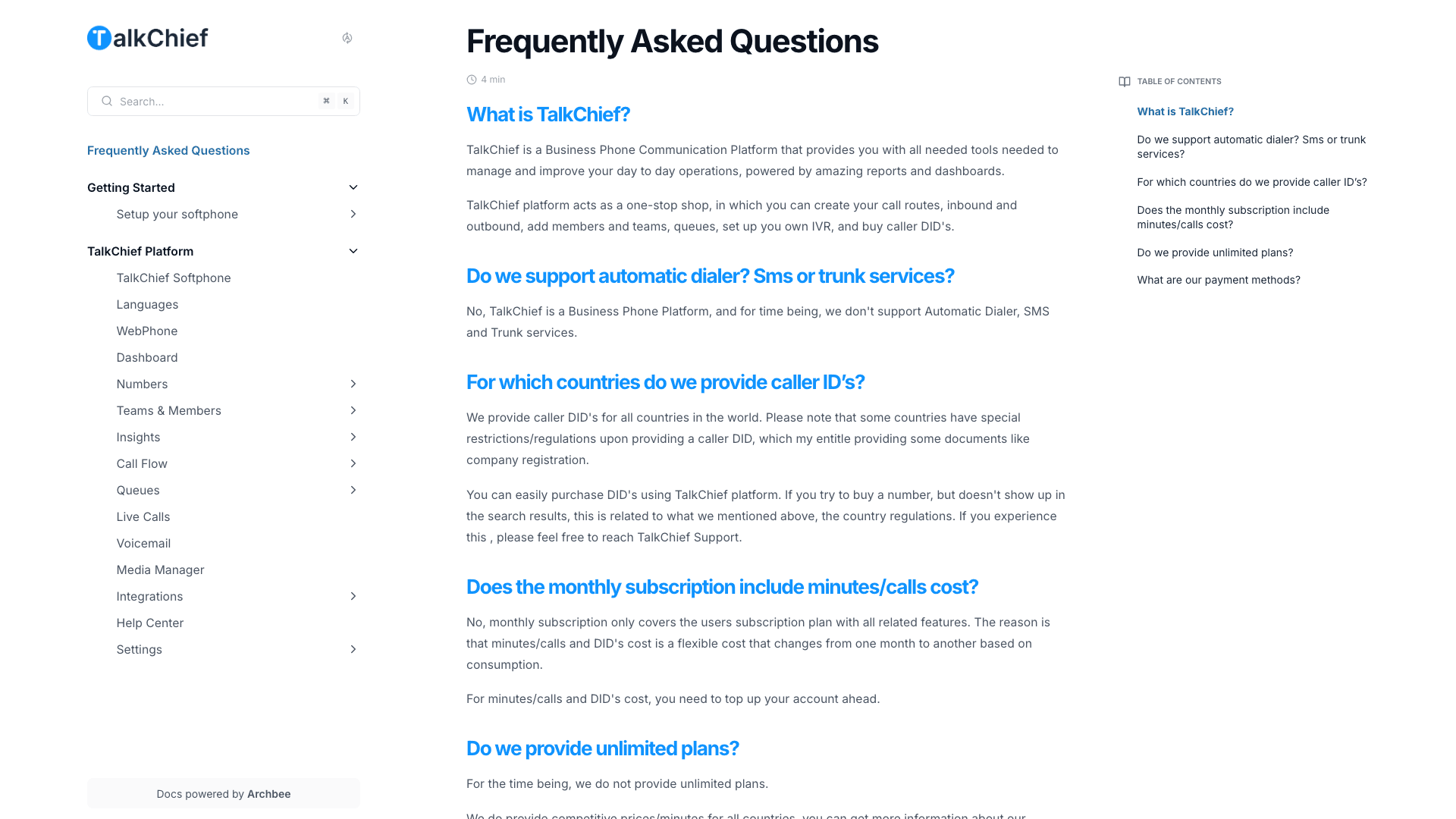 TalkChief documentation portal desktop view