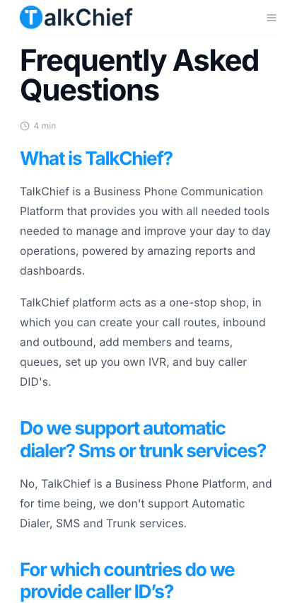 TalkChief documentation portal mobile view