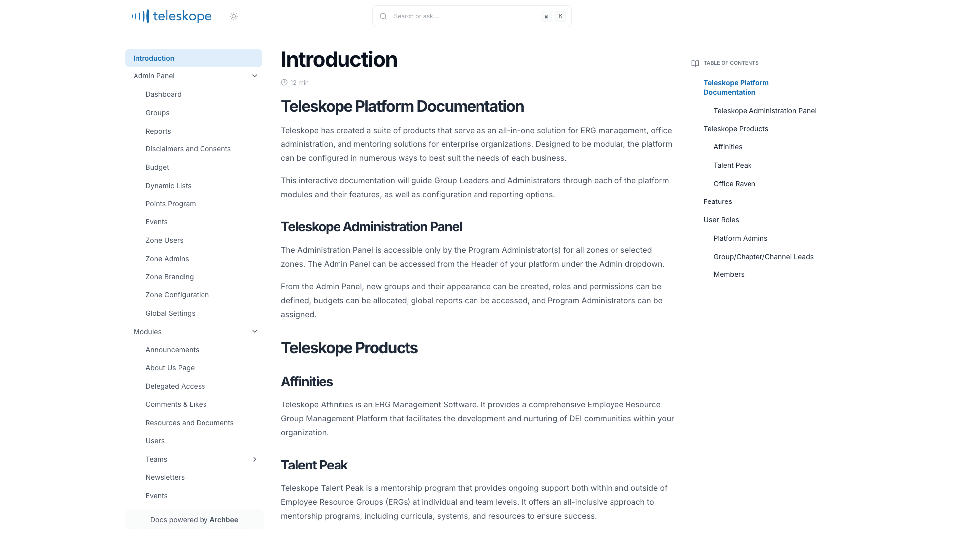 Teleskope documentation portal desktop view
