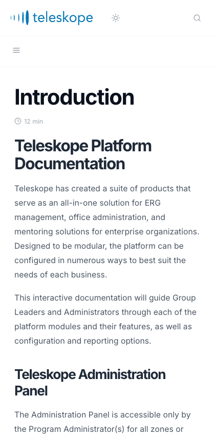 Teleskope documentation portal mobile view