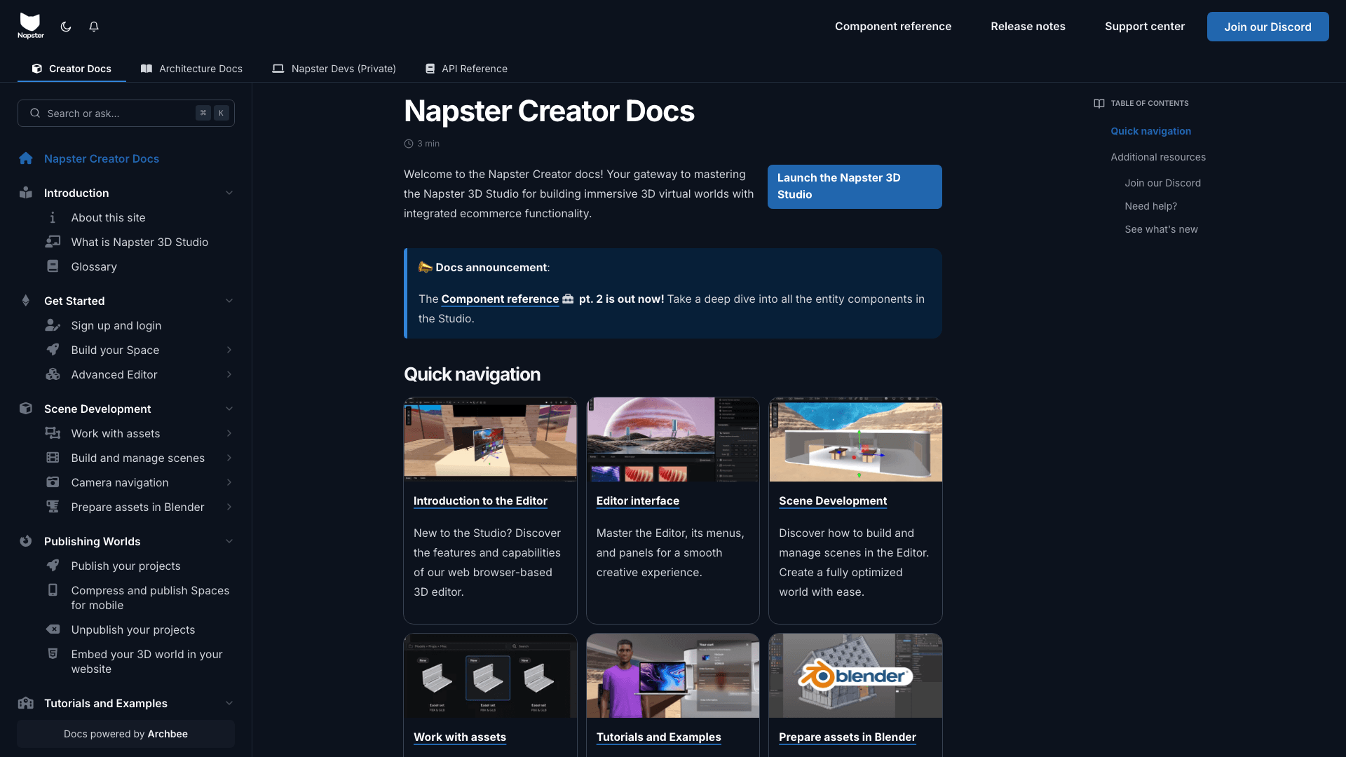 The Infinite Reality documentation portal desktop view