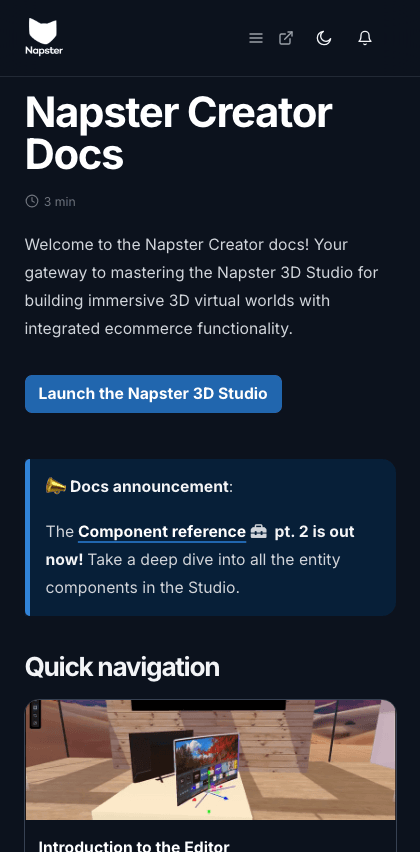 The Infinite Reality documentation portal mobile view