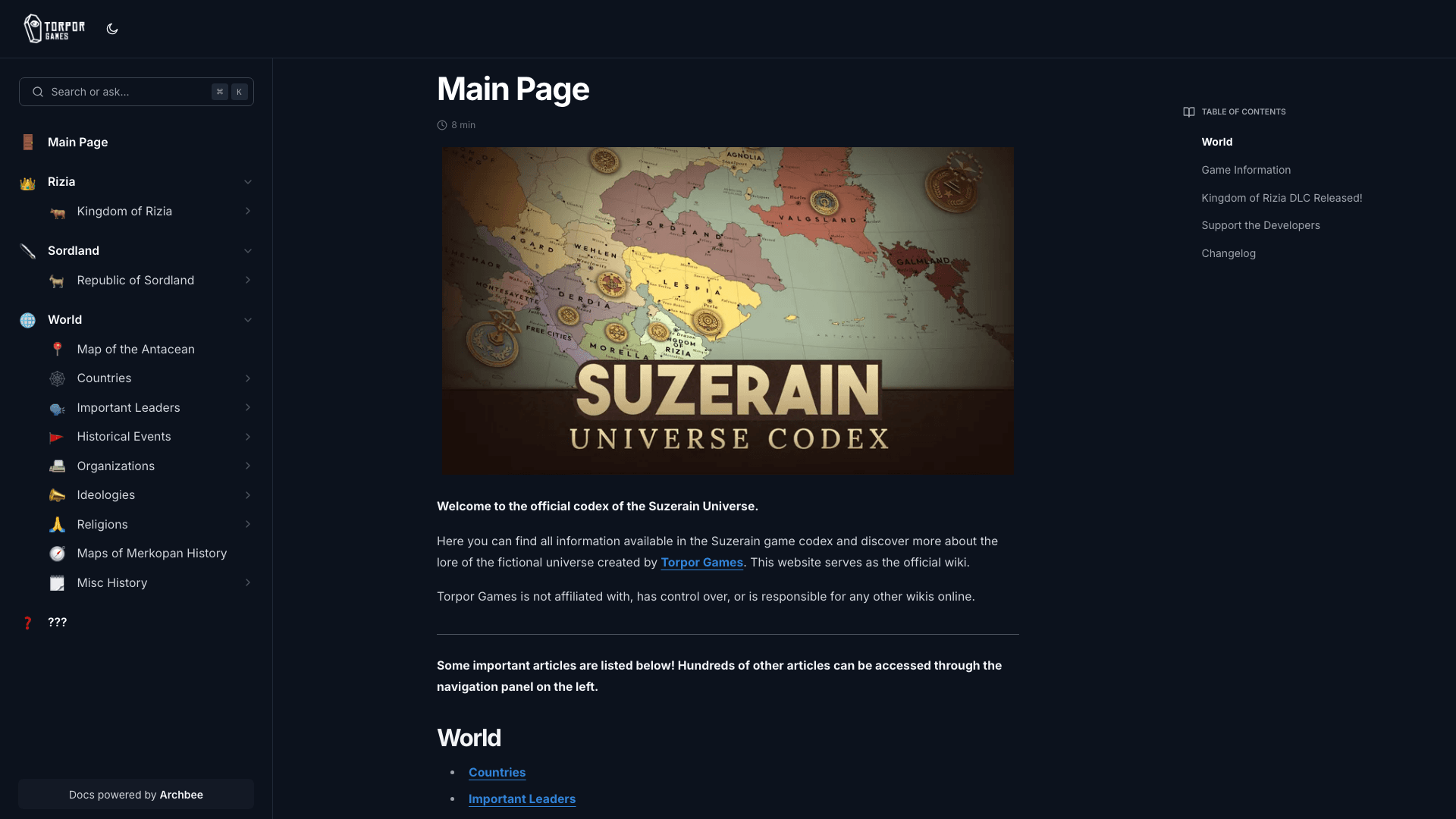 TorporGames documentation portal desktop view