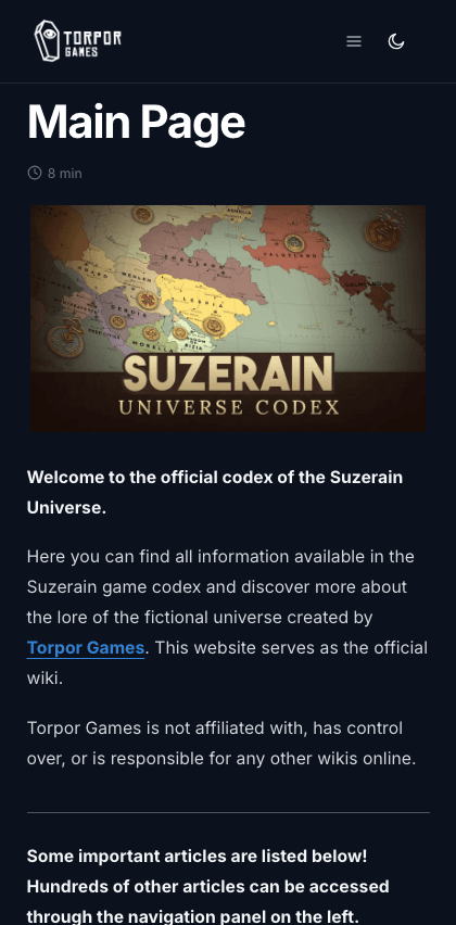TorporGames documentation portal mobile view