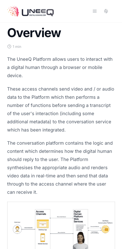 Uneeq documentation portal mobile view