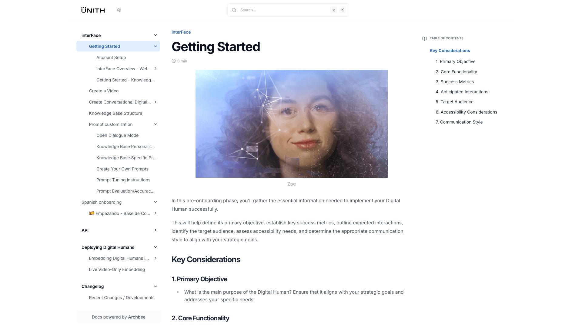 Unith documentation portal desktop view