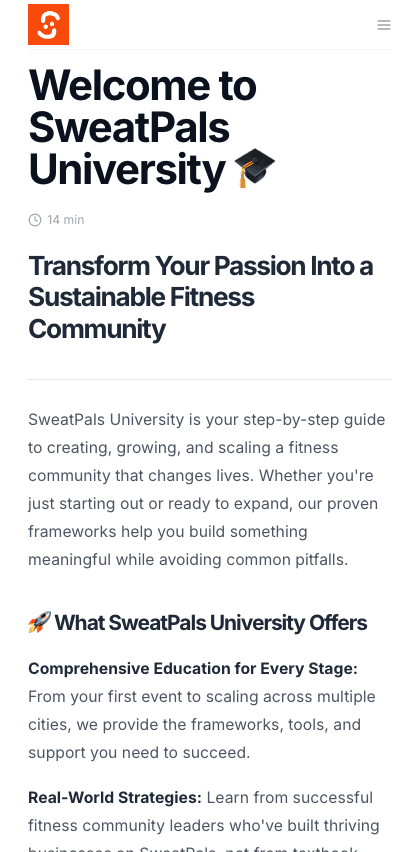 Sweatpals documentation portal mobile view