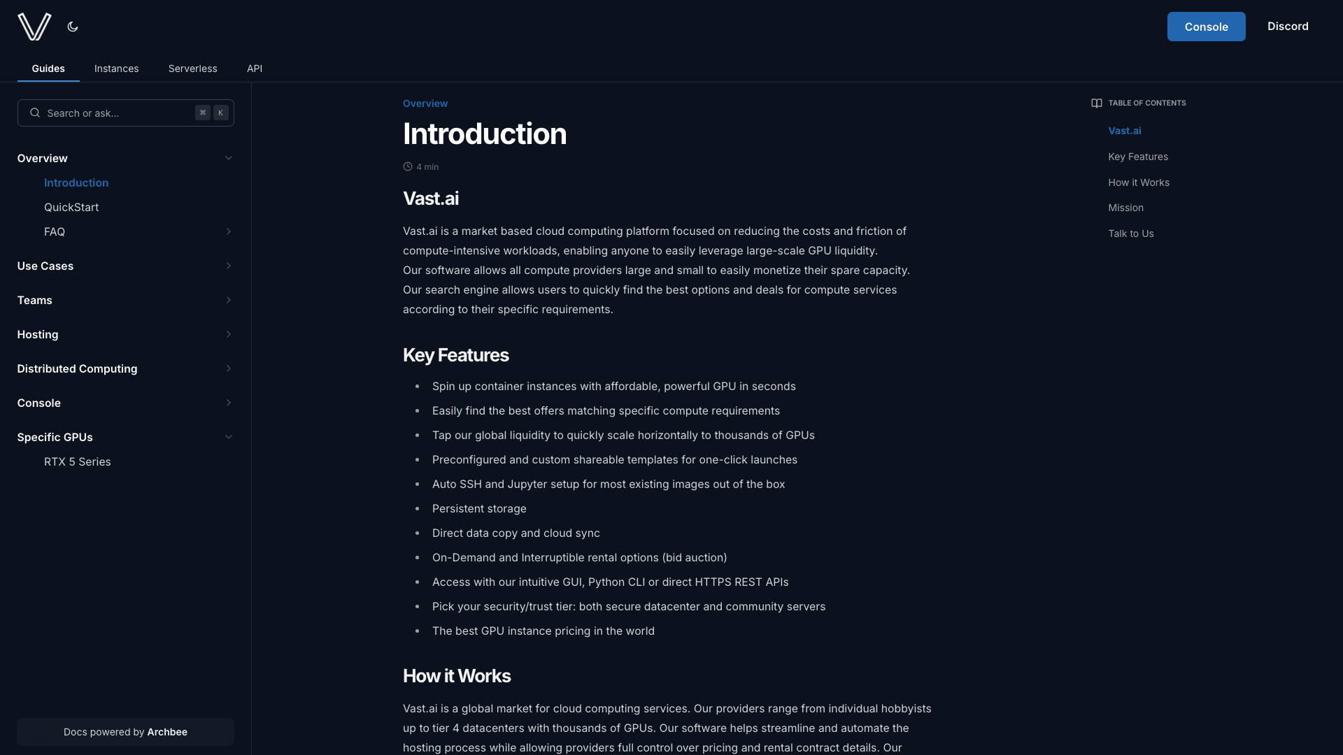 Vast documentation portal desktop view