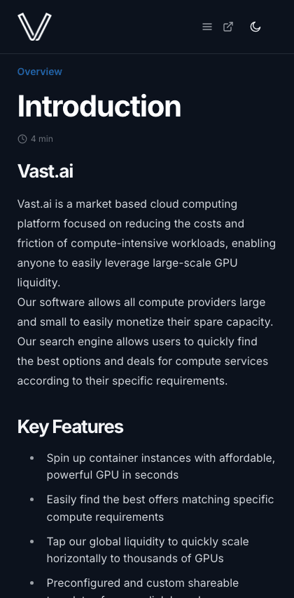 Vast documentation portal mobile view