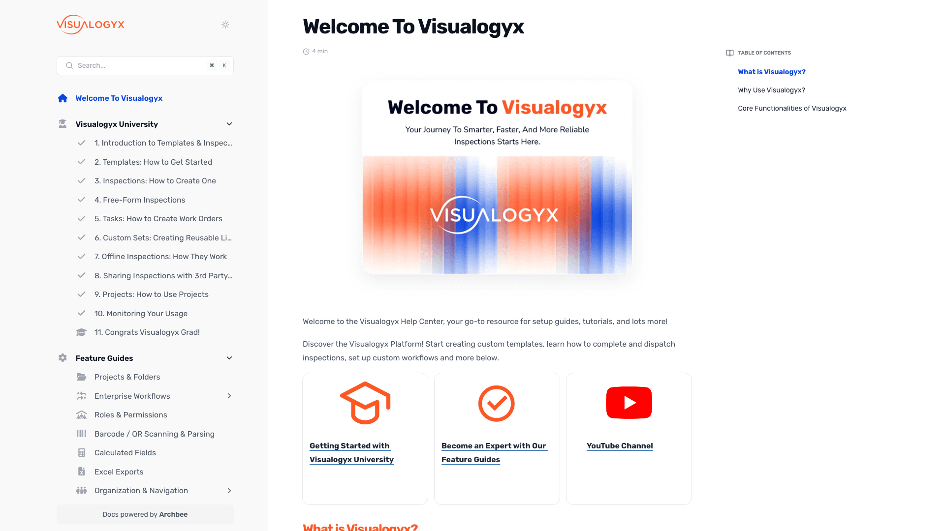 Visualogyx documentation portal desktop view
