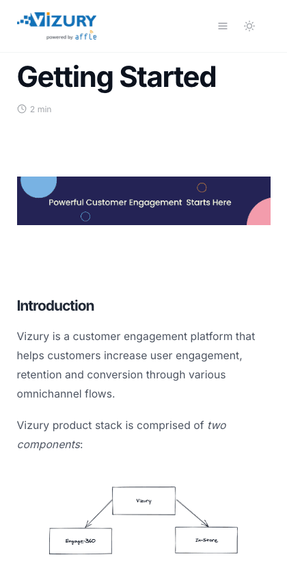 Vizury documentation portal mobile view