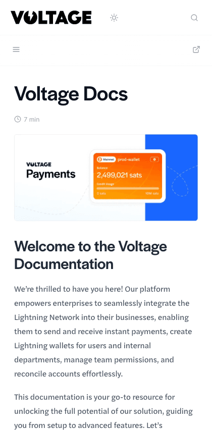 VoltageAPI documentation portal mobile view
