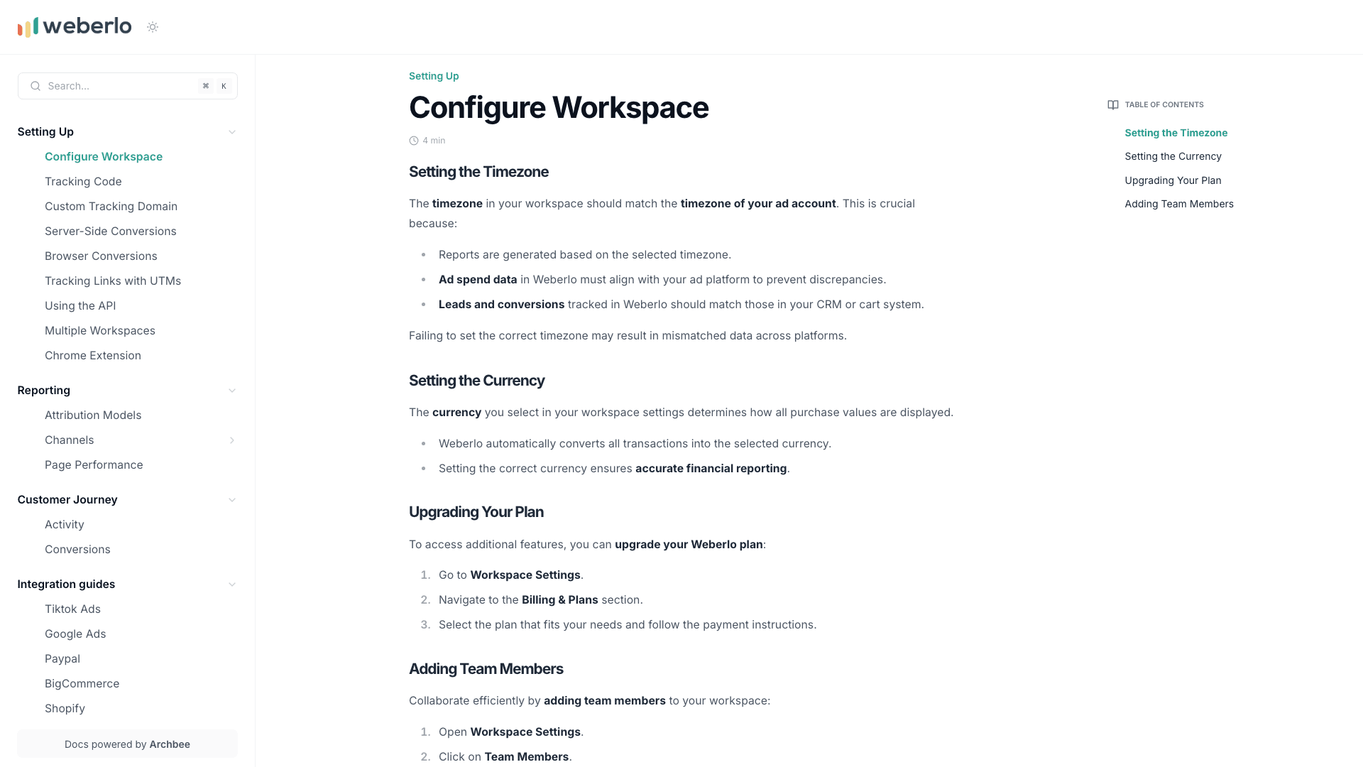 Weberlo documentation portal desktop view