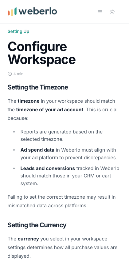 Weberlo documentation portal mobile view