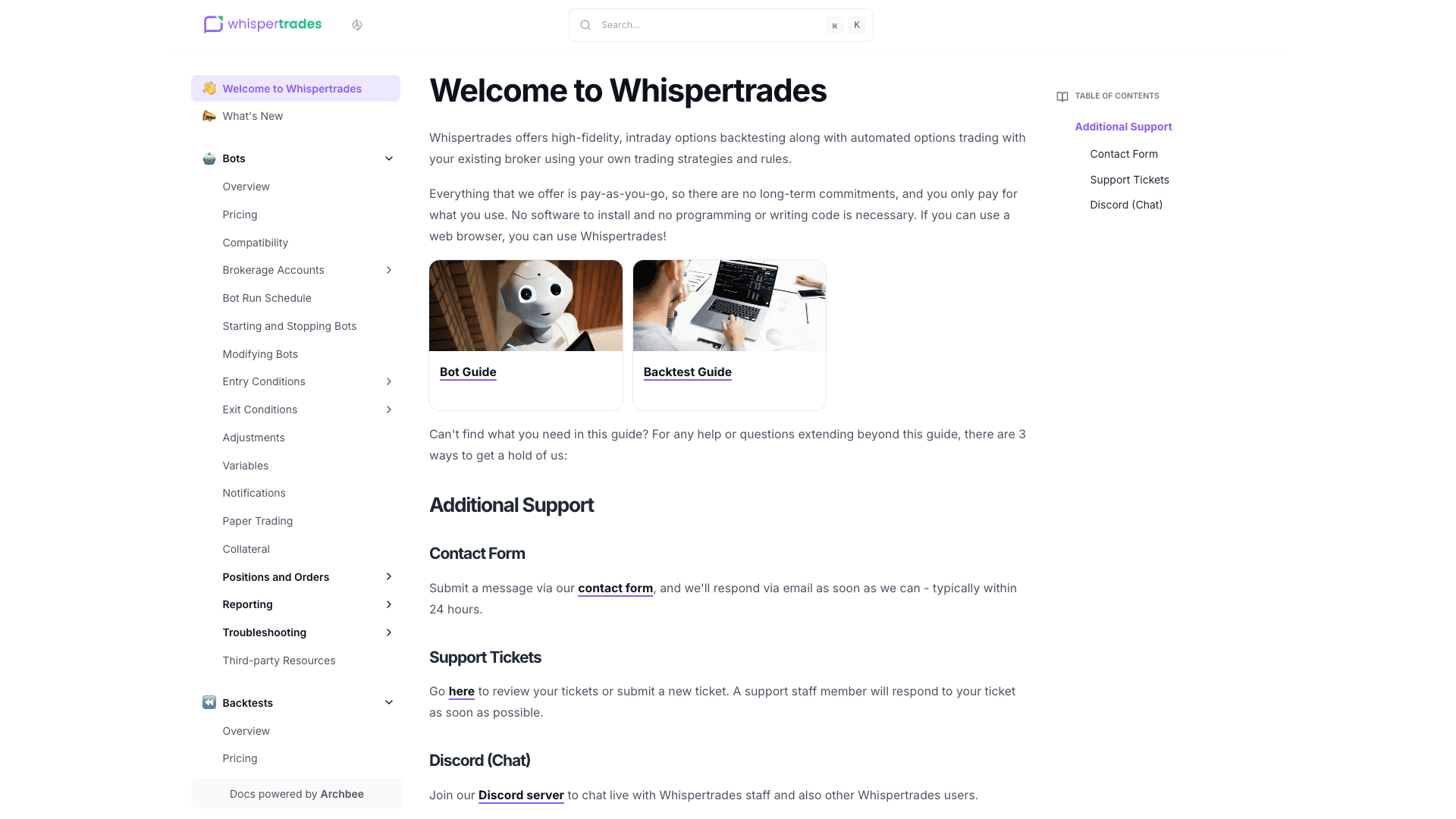Whispertrades documentation portal desktop view