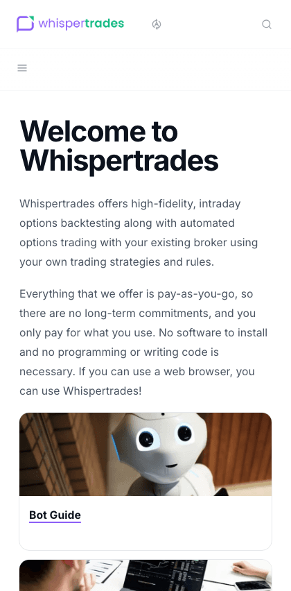 Whispertrades documentation portal mobile view