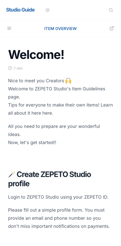 Zepeto documentation portal mobile view