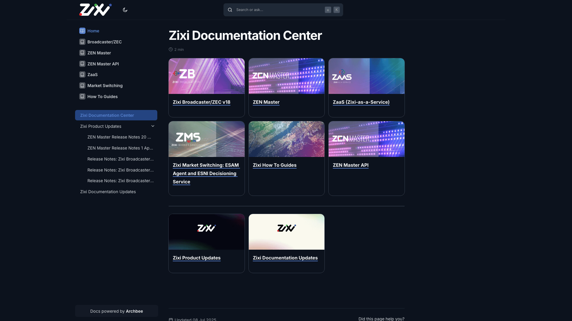 Zixi documentation portal desktop view
