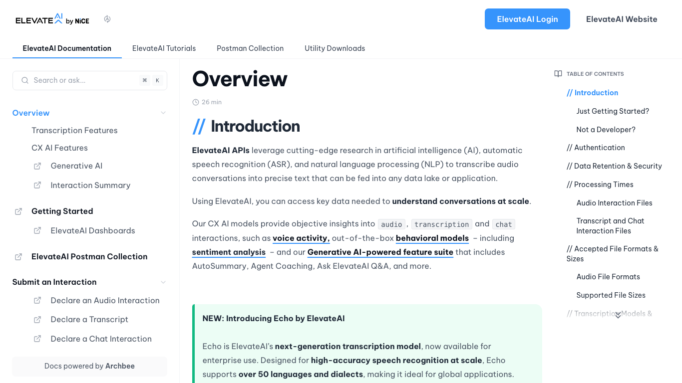 ElevateAI | Documentation Portals built with Archbee