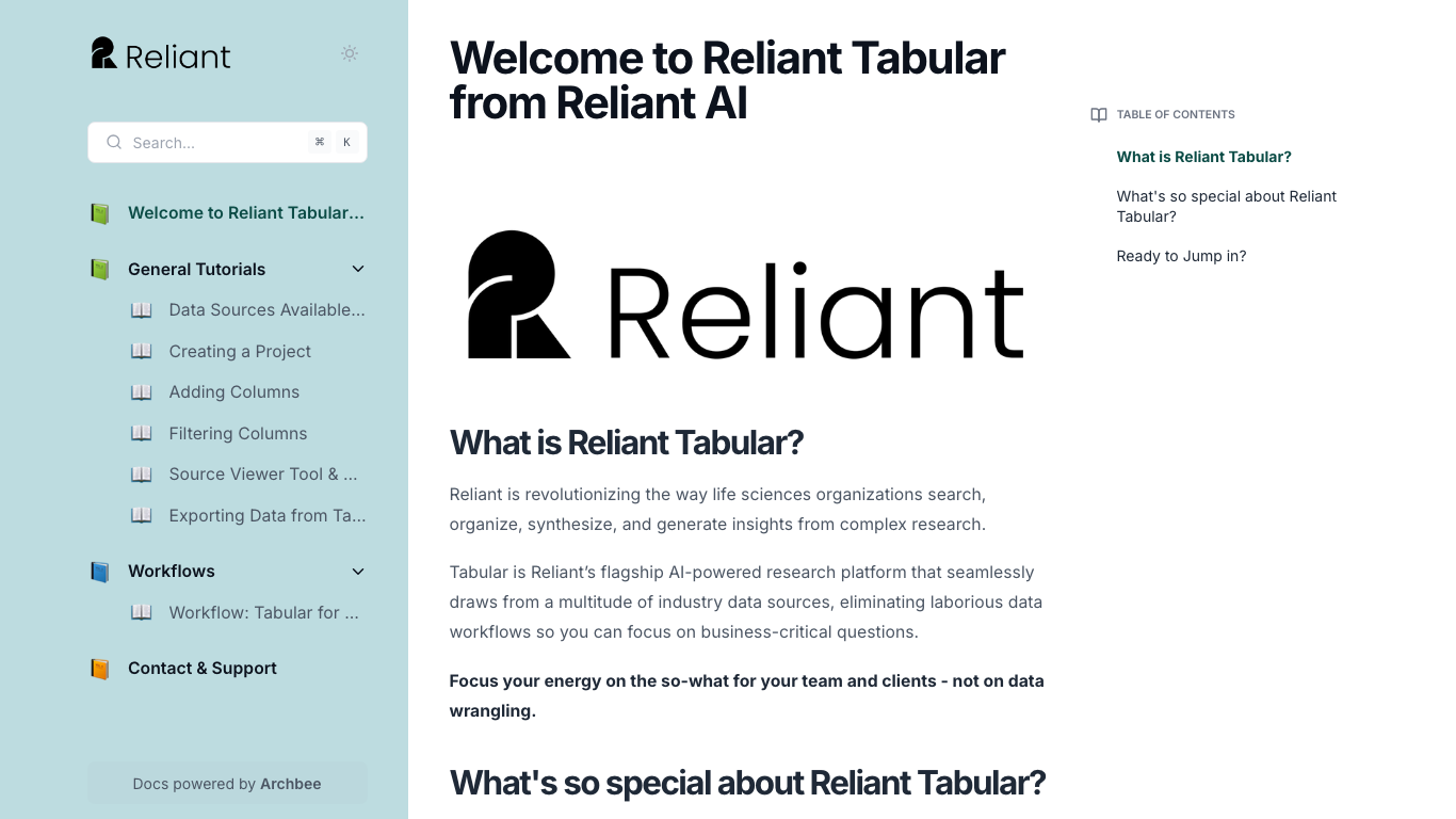 Reliant Example Reliant | Documentation Portals built with Archbee